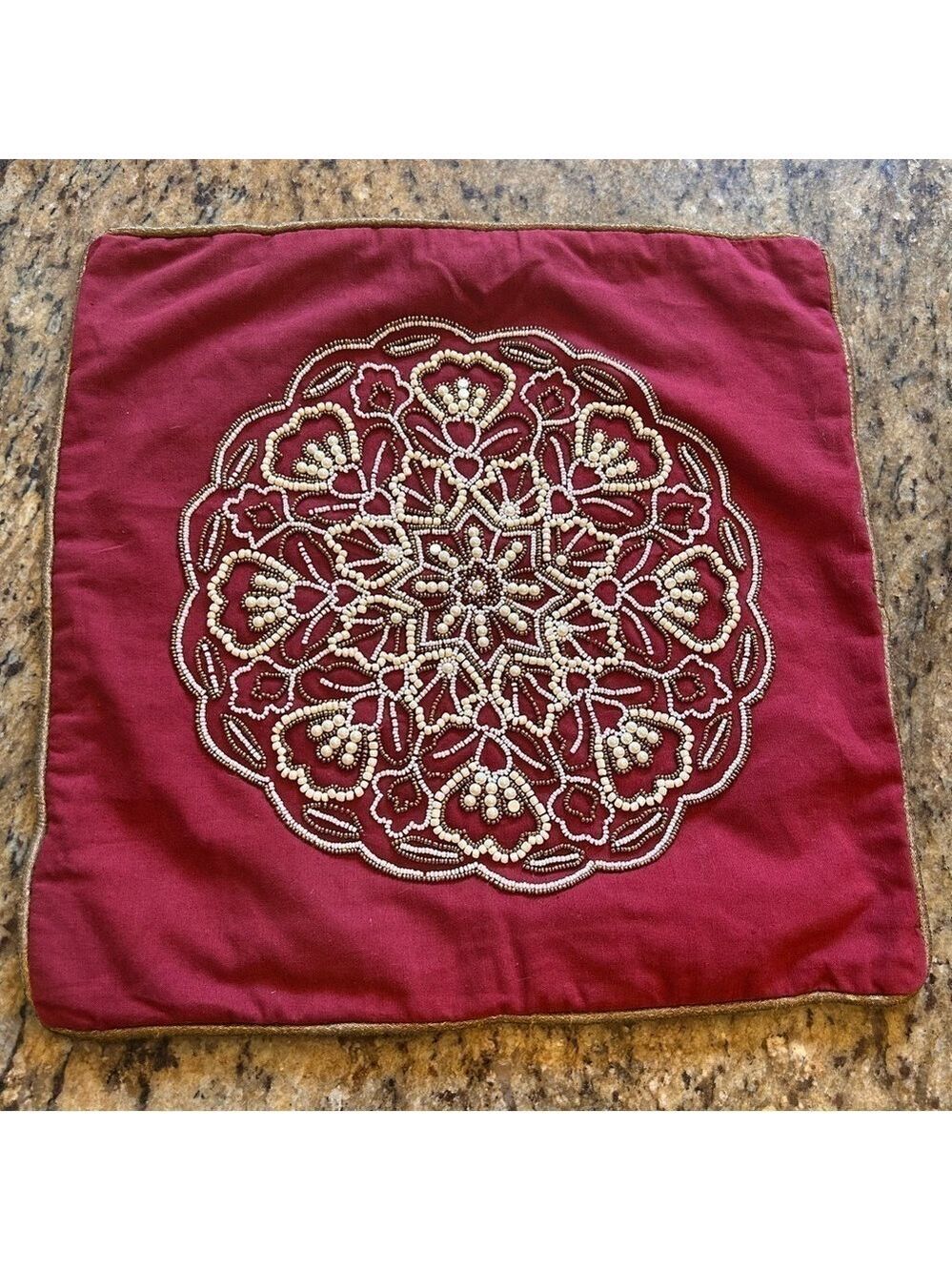 Pier 1 Imports Pillow Cover Beaded Red Gold Edging Zip Closure 16x16”